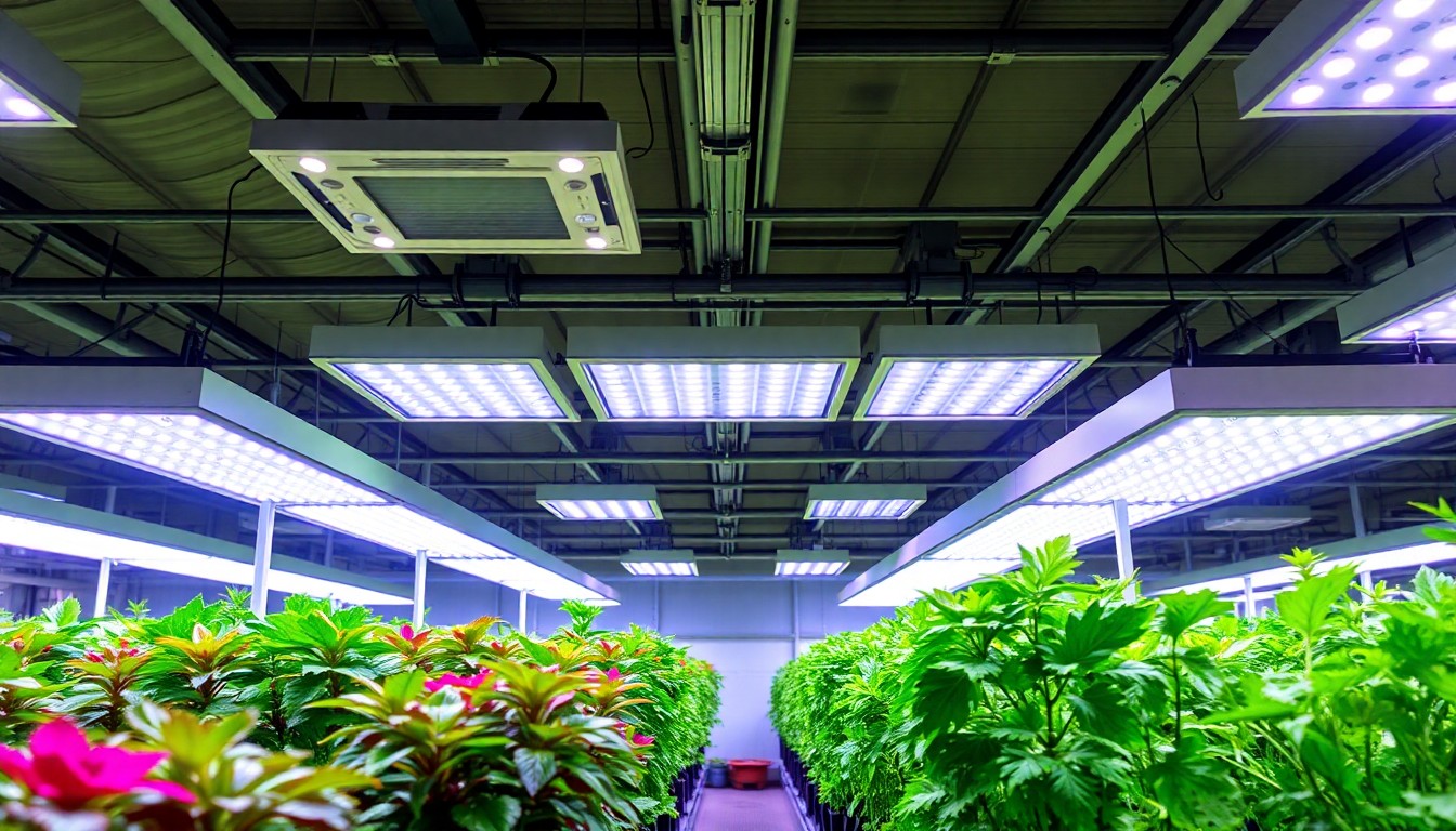Professional LED grow lights installed in a modern greenhouse